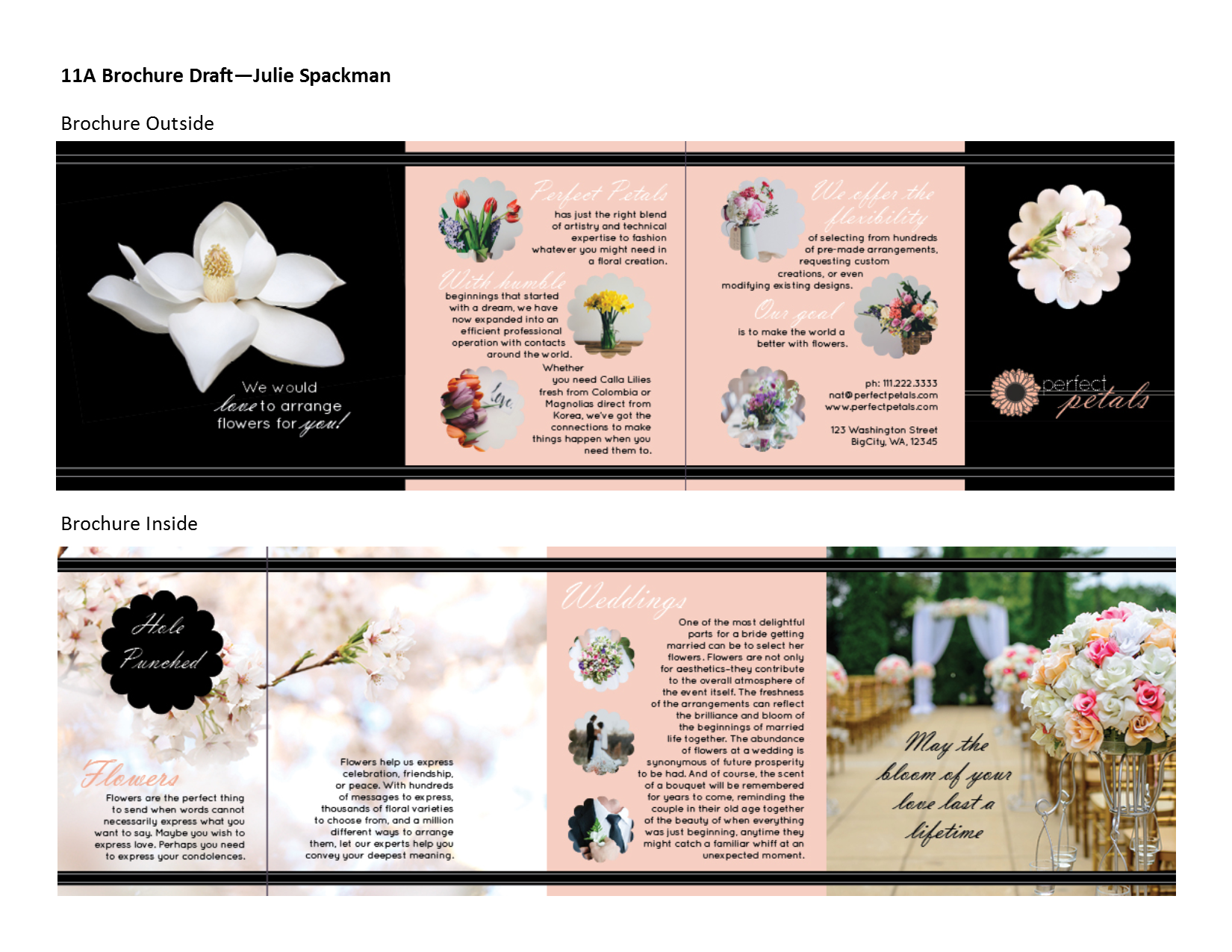 Photo of a brochure mockups Julie made for a class assignment