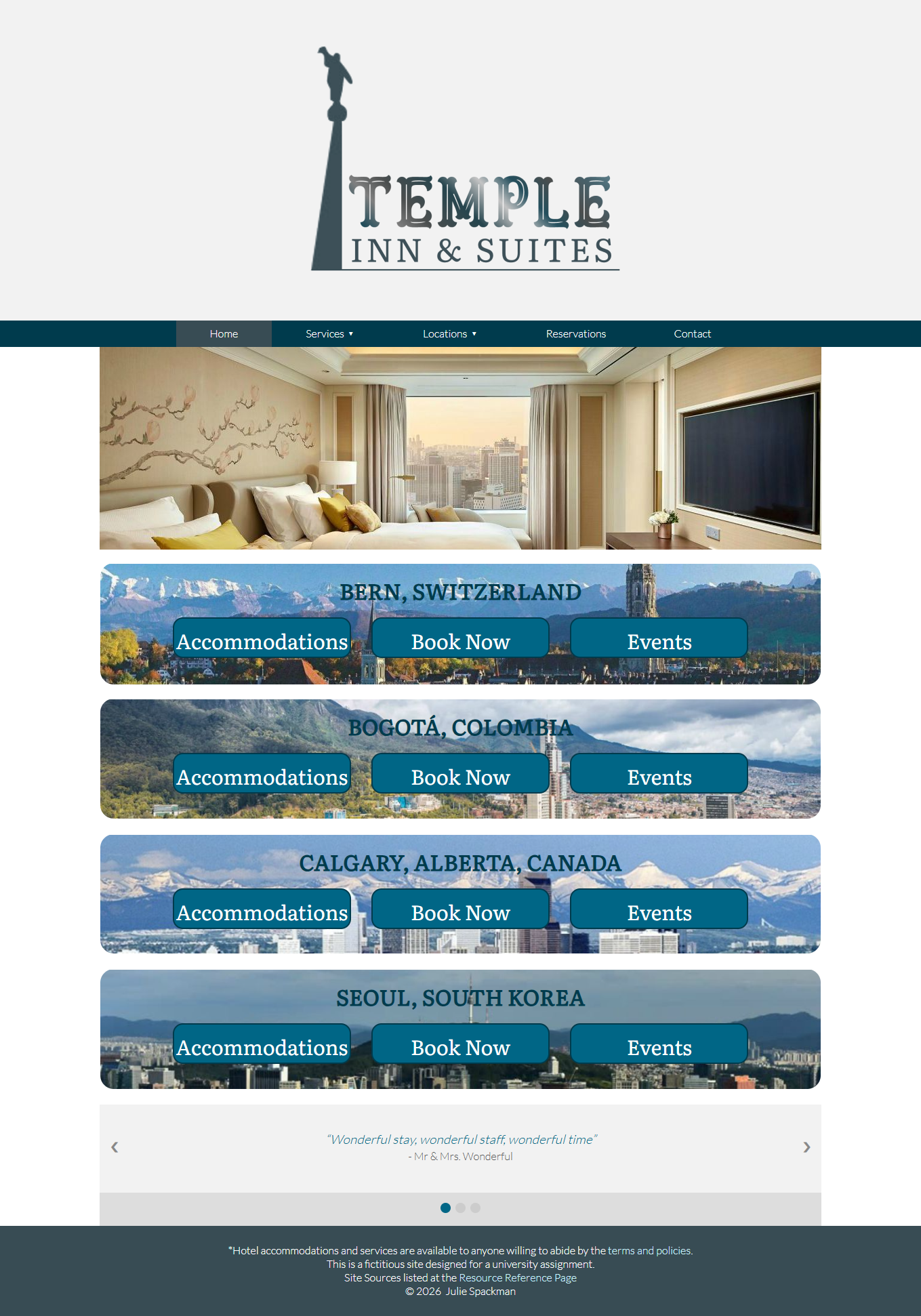Images of the fictitious Temple Inn & Suites Website