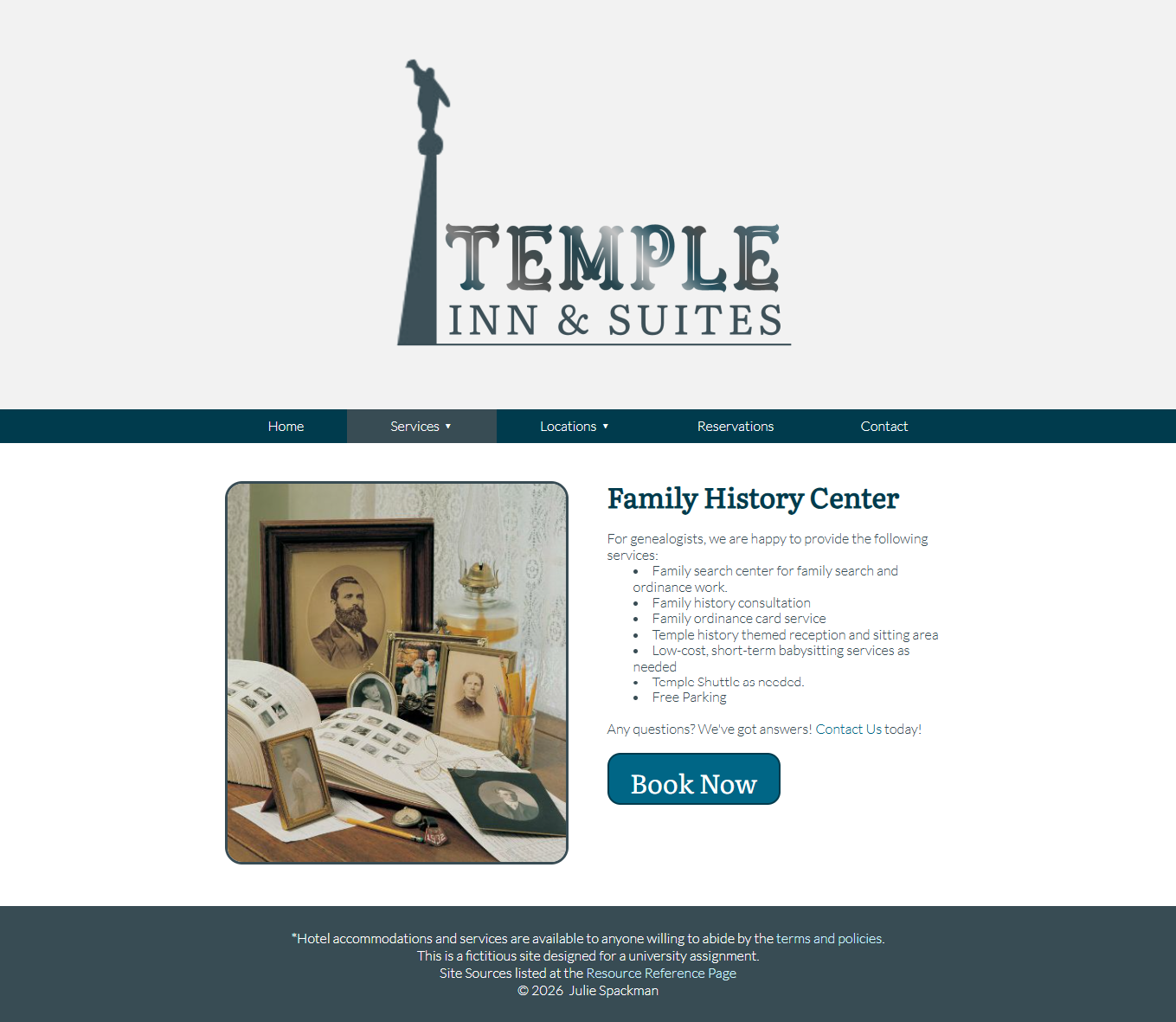 Images of the fictitious Temple Inn & Suites Website