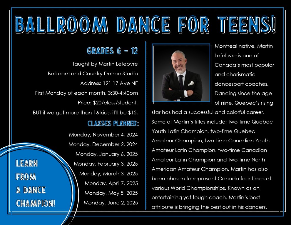 Flyer that Julie created for the class she organized for homeschool teens to learn ballroom.