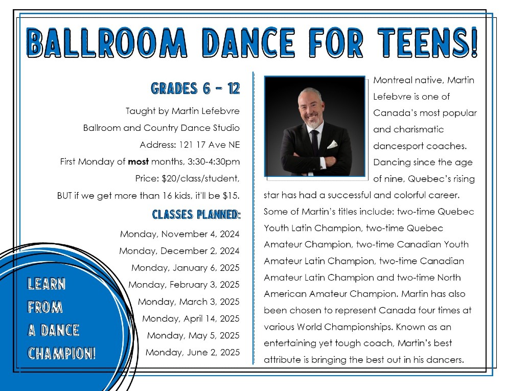 Flyer that Julie created for the class she organized for homeschool teens to learn ballroom.